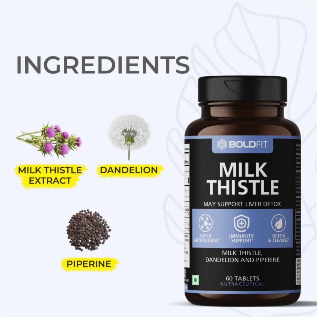 Boldfit Milk Thistle Fatty Liver Support Supplement with Silymarin Piperine and Dandelion Liver Detox Tablets Supports Liver Health Cleanse and Daily Wellness for Men and Women - 60 Vegetarian Tablets