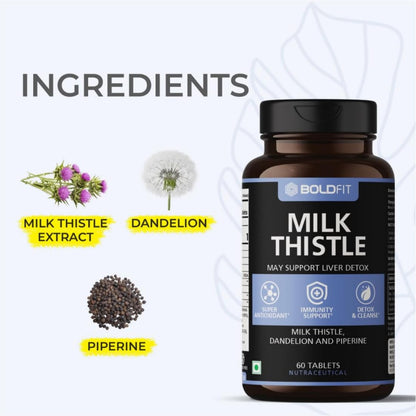 Boldfit Milk Thistle Fatty Liver Support Supplement with Silymarin Piperine and Dandelion Liver Detox Tablets Supports Liver Health Cleanse and Daily Wellness for Men and Women - 60 Vegetarian Tablets