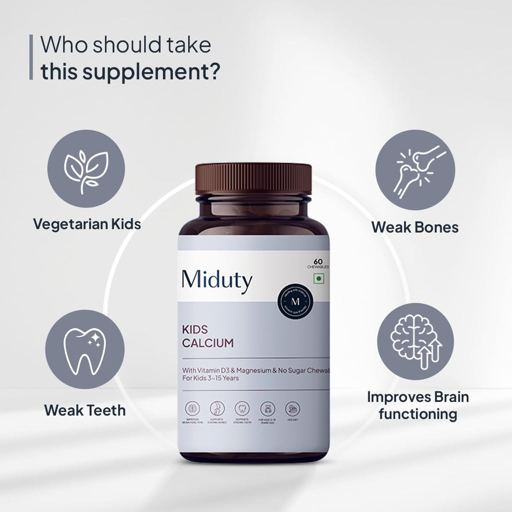 Miduty by Palak Notes Kids Calcium with Vitamin D3 - K2 Magnesium No Sugar Added for Strong Bones, Brain Function, Immunity Booster, Strong Teeth Calcium Supplement Kids Multivitamin - 60 Chewables