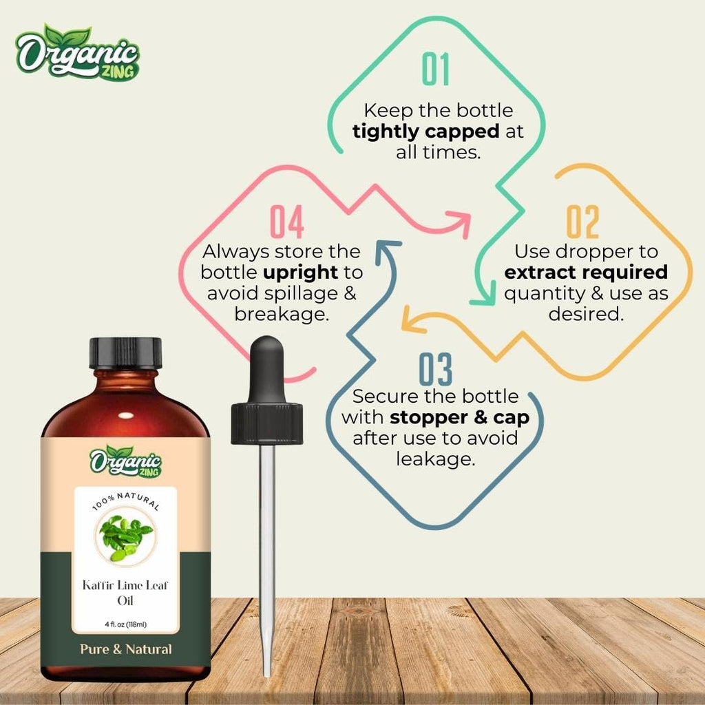 Organic Zing Kaffir Lime Leaf (Citrus Hystrix) Oil | Essential Oil for Skincare, Hair Care, Aroma and Diffusers - 118 Ml
