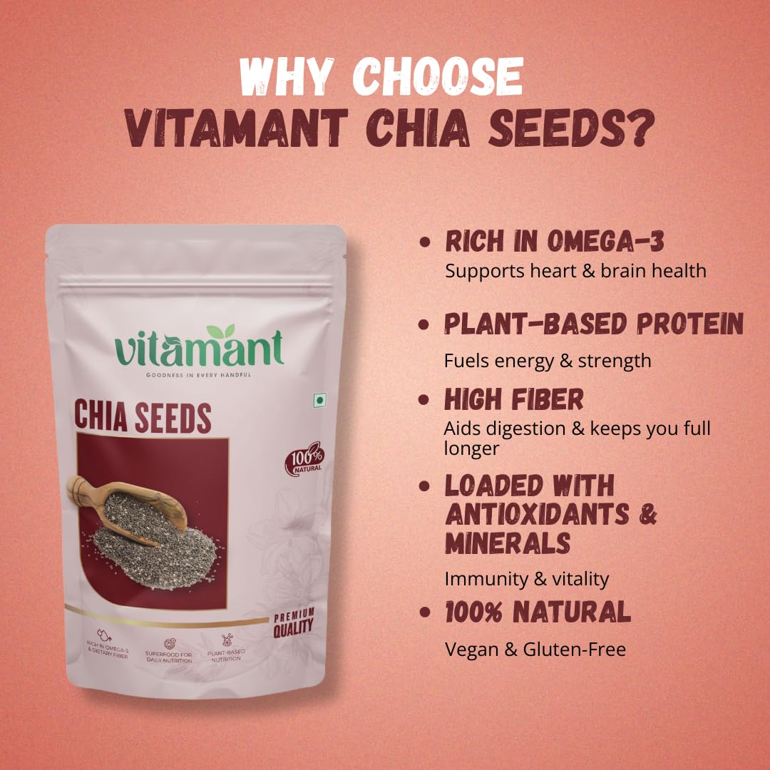 Vitamant Premium Raw Chia Seeds | Natural, Vegan & Gluten-Free | Rich in Omega-3, Fiber & Protein | Energy-Boosting Superfood for Weight Loss & Heart Health – 200g