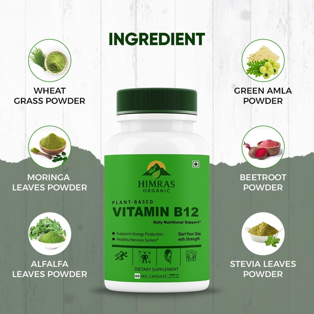 Plant-Based Vitamin B12 1000mcg Natural Energy & Immunity Booster 60 Veg Capsules for Men & Women Dietary Supplement (1)