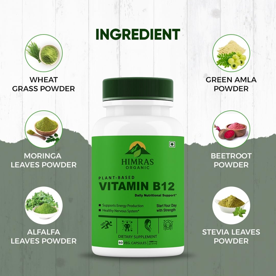 Plant-Based Vitamin B12 1000mcg Natural Energy & Immunity Booster 60 Veg Capsules for Men & Women Dietary Supplement (1)
