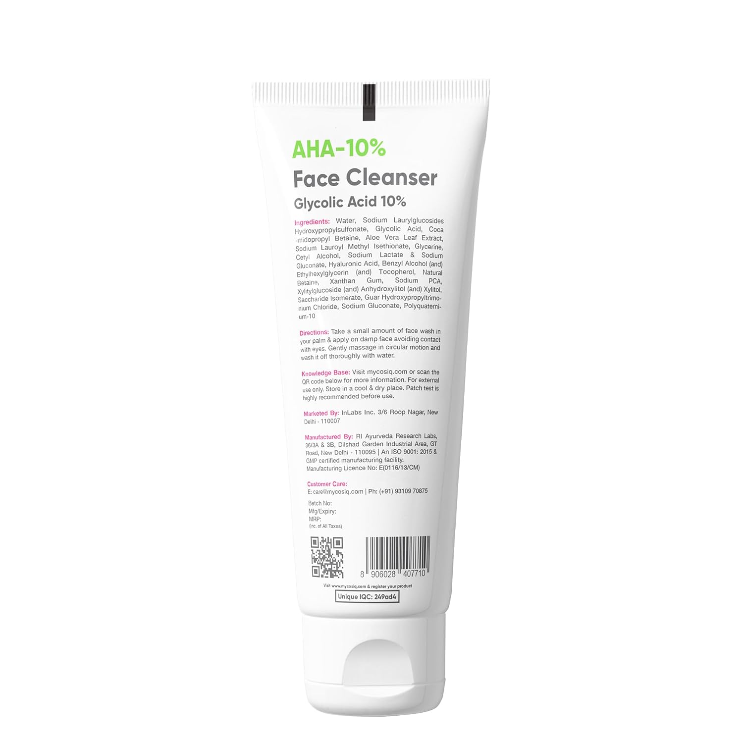 Cos-IQ 10% Glycolic Acid Brightening Face Wash for Glowing Skin | AHA Exfoliating Face Cleanser with Hyaluronic Acid for Hydration | Sulphate-Free & Fragrance-Free | For Men & Women | 100 ml