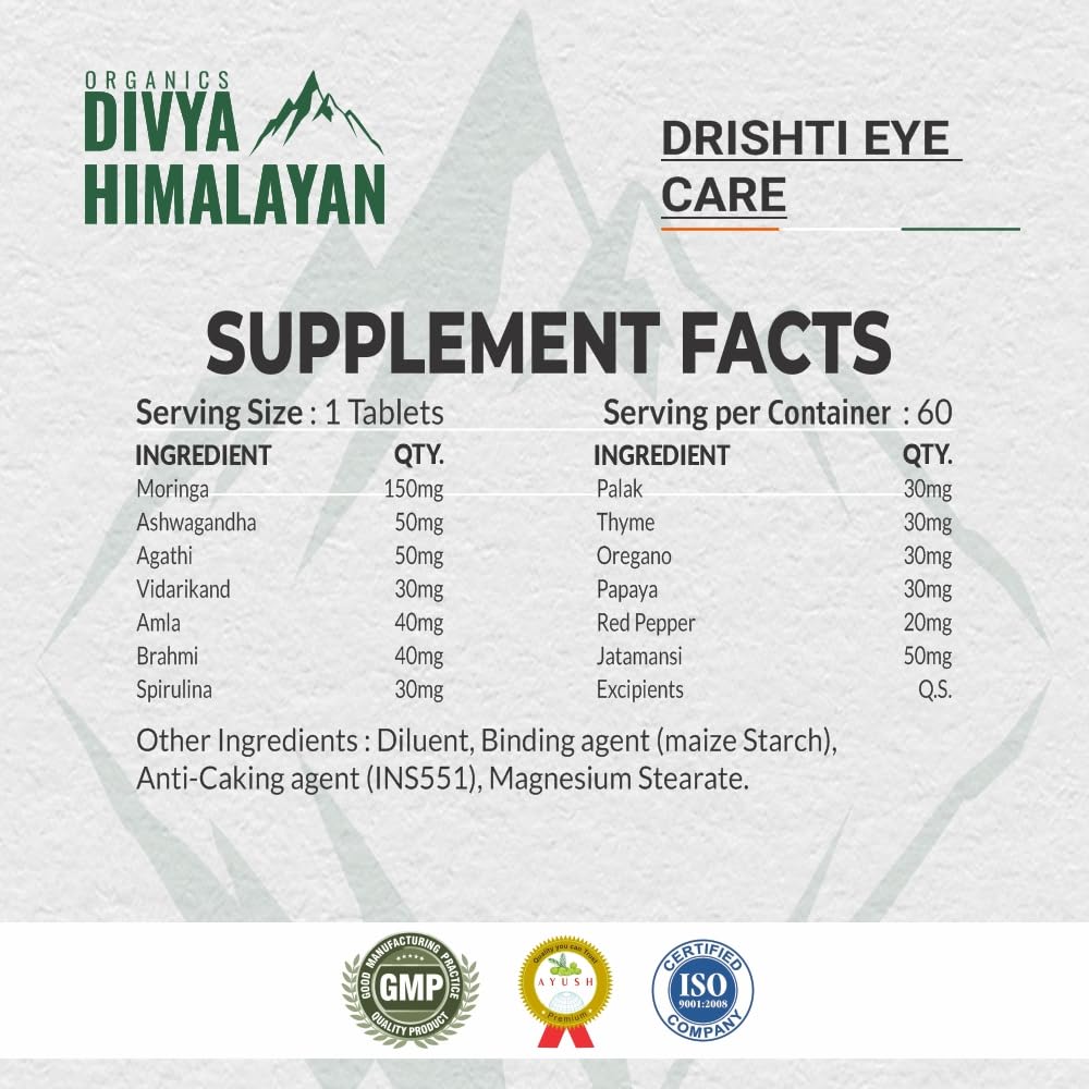 Divya Himalayan Plant-Based Drishti Eye Care Supplement, 60 Tablets, Supports Eye Health & Vision, Herbal Blend with Lutein, 1 count, 60 capsules
