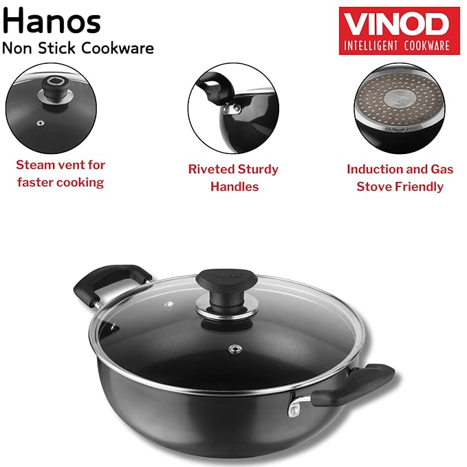 Vinod Hanos Hard Anodised Non Stick Deep Kadhai with Glass lid - 4.1 Litre, 26 cm | 3.25mm Thick | 5X Non Stick