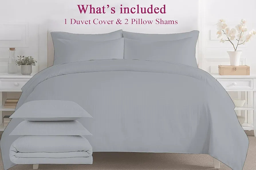 Trance Home Linen Zippered 100% Cotton 200TC Satin Stripe King Size Duvet Cover Quilt Cover Blanket Cover Razai Comforter Cover with 2 Pillow Covers Colour Silver Grey