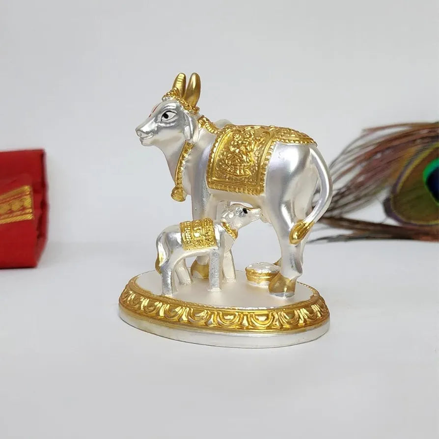 Gold Art India Kamdhenu Cow with Calf Idol Gold Silver Plated with Matte Finish 3.1 Inch
