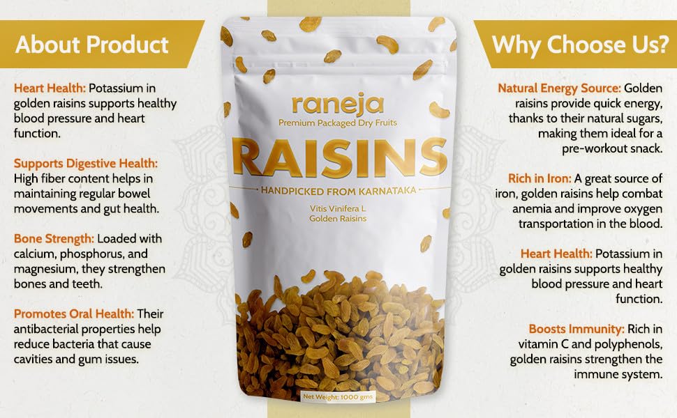 Raneja Golden Seedless Raisins | Premium High in Antioxidants | Naturally Sweet and Tasty|Energy Booster| Raisins Seedless/Kishmish, Draksh, Dry Fruits, Snack, Source of Dietary Fibre