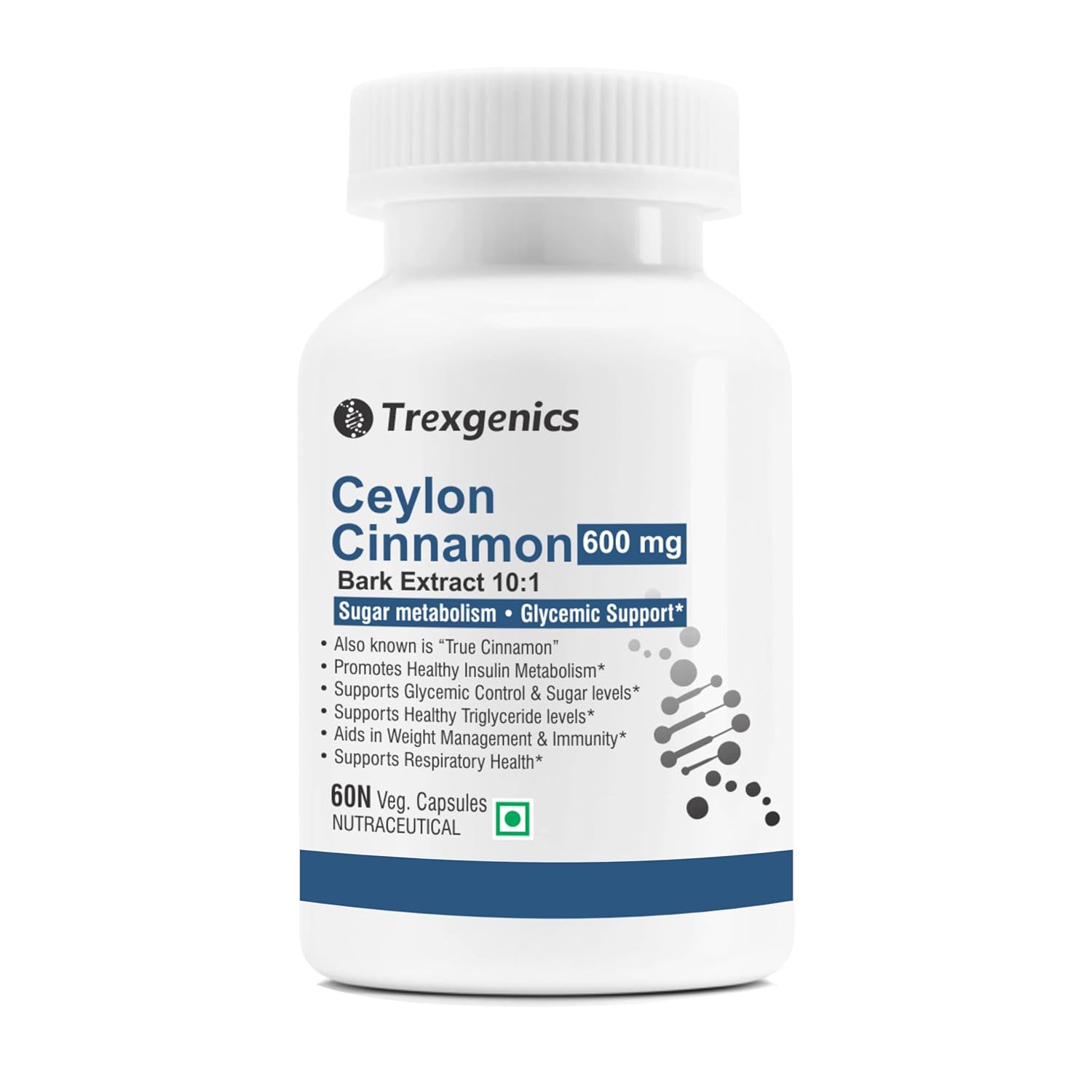 Trexgenics CEYLON TRUE CINNAMON 600 mg Diabetic Care, Sugar Level Support VEGAN & NON-GMO (60 Veg. Capsules) (Pack of 1)