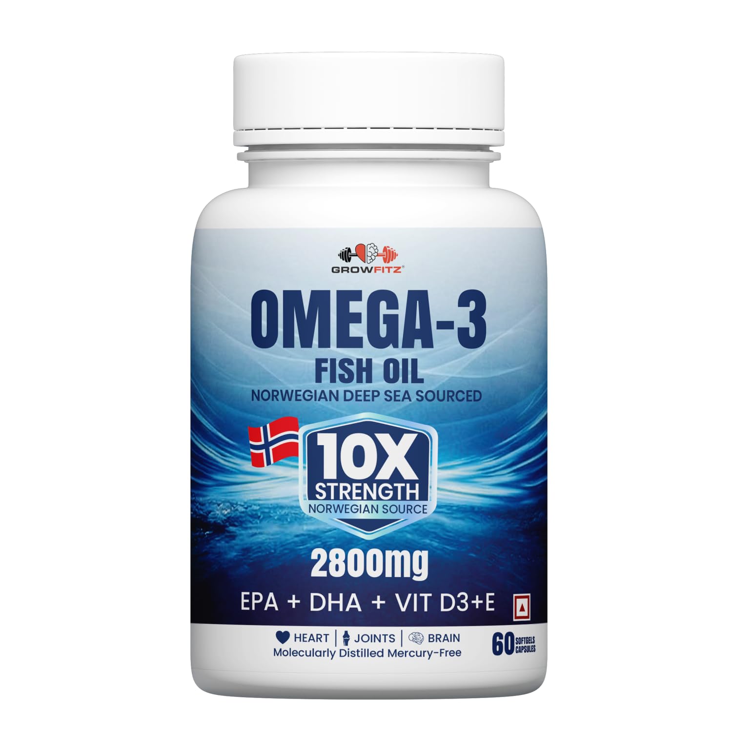 Growfitz Omega 3 Fish Oil (60 Softgels) | 2800 Mg | 10X Strength for Men & Women | No Fishy Burps | Supports Heart, Brain, Joints, Skin | With EPA+, Vitamin D3 & Vitamin E | Omega3 Fishoil Supplement