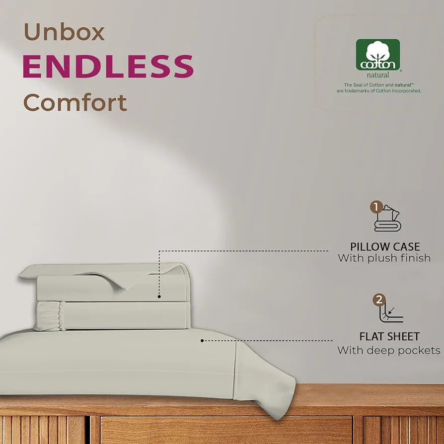 Trance Home Linen 100% Cotton 78x60 inch Queen Elastic Fitted Bedsheet 400TC Premium Queen Double Bed Size with 2 Pillow Covers Colour Ivory