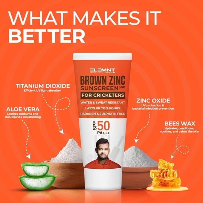 Elemnt Brown Zinc Sunscreen for Cricketers SPF 50 - 50 gms (Pack of 2)