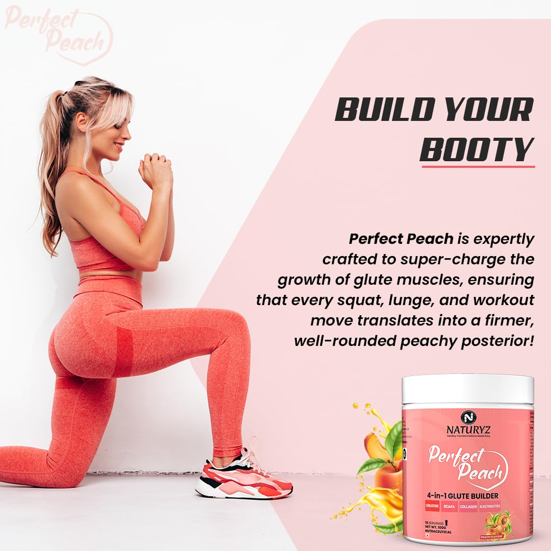 NATURYZ Perfect Peach 4-in-1 GLUTE BUILDER | Micronized Creatine Monohydrate for Women | Booty Gain Collagen | Vegan BCAA 2:1:1 | Electrolytes | Increase Lean Muscle Mass Gain â€“ 100g (Peach Flavour)