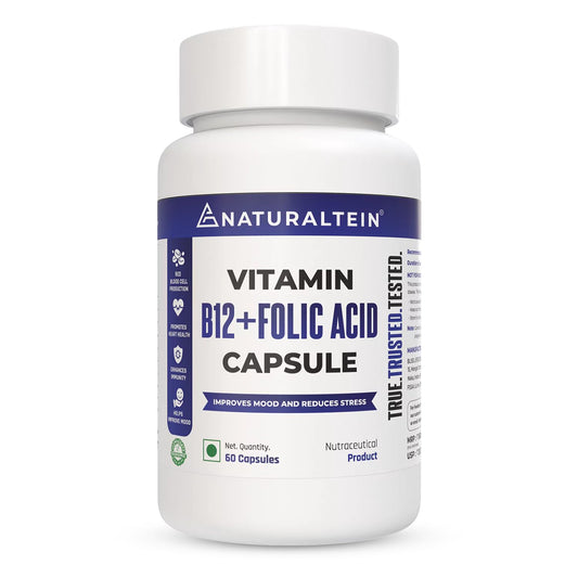 NATURALTEIN Vitamin B12 + Folate Capsules (60 Capsules) | High Strength Methylcobalamin & L-Methyl Folate | Supports Energy, Brain & Heart Health | Lab-Tested | With Rice Starch & Vegetarian HPMC Capsule Shell