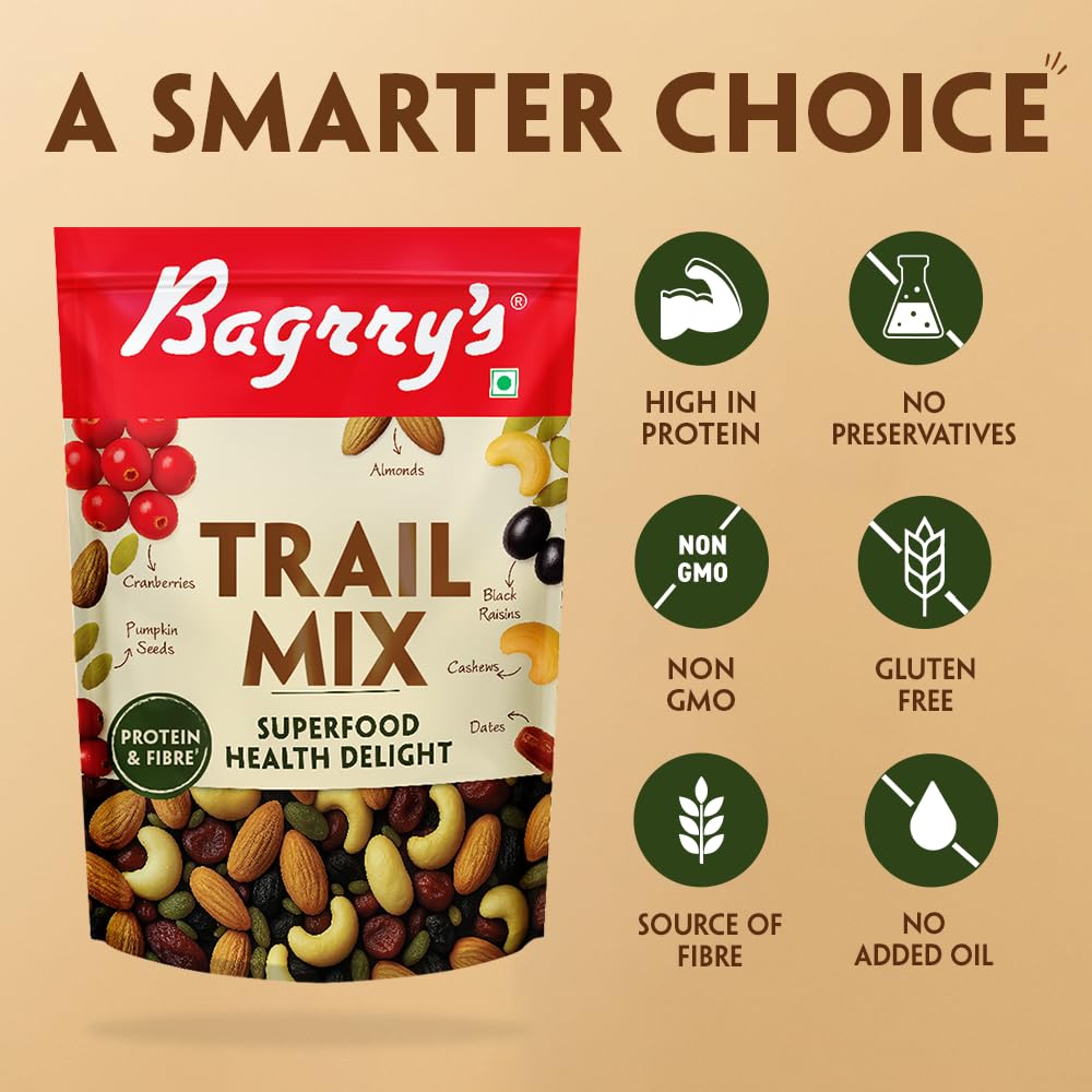 Bagrry’s Trail Mix 200 GM | 7 in 1 Superfoods | California Almond | Cashews | Cranberries | Dates | Pumpkin Seeds | Green & Black Raisins | High Protein | Fibre-Rich | Oil-Free | Non-Salted | Healthy Snack for Anytime Energy | Dry fruit mix | Mix nuts
