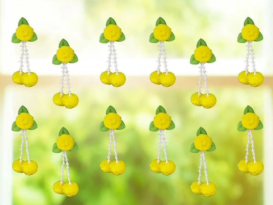 Plastic Artificial Flowers And Leaves Decoration Pack of 12 - Yellow & Green
