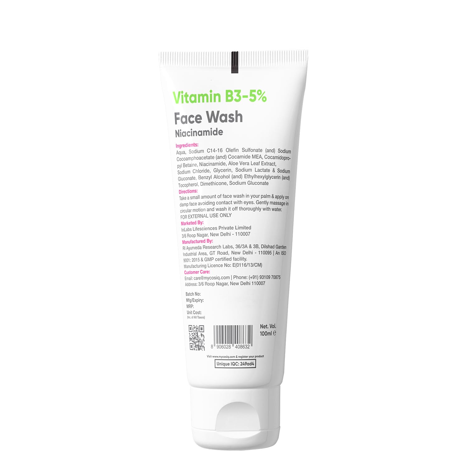 Cos-IQ Vitamin B3-5% Niacinamide Face Wash for Smooth and Even Skin, Tan Removal & Glowing Skin, pH Balanced & Paraben Free (30 Days Pack, 100ml)