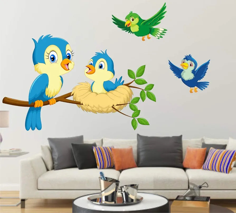 Heaven Decors Bird Baby On Tree Branch with Flying Birds Sticker for Kids -Self-Adhesive