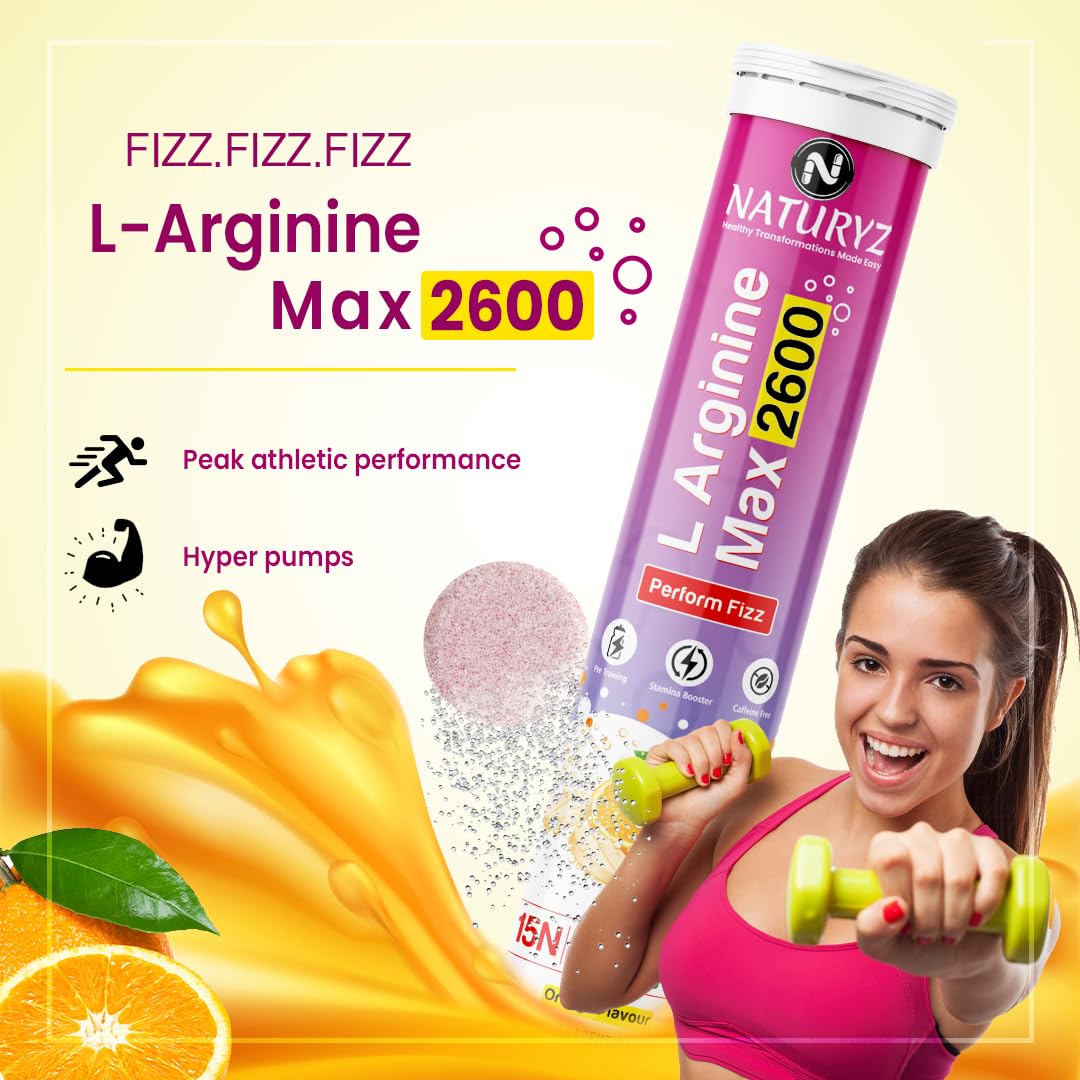 Naturyz L-Arginine Max 2600 Effervescent Tablets|Boosts Stamina|Increases Blood Flow|Improves Performance|Pre-workout Supplement (Orange Flavour), 1 count, 15 capsules