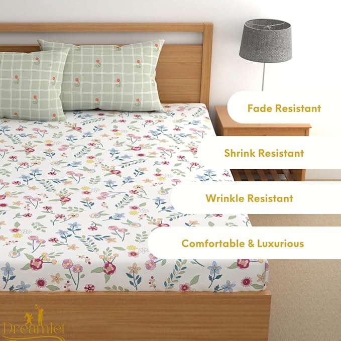 Dreamlet Premium Cotton Flat Double Bedsheets With 2 King Size Pillow Covers Double Bed Breathable | Multicolor