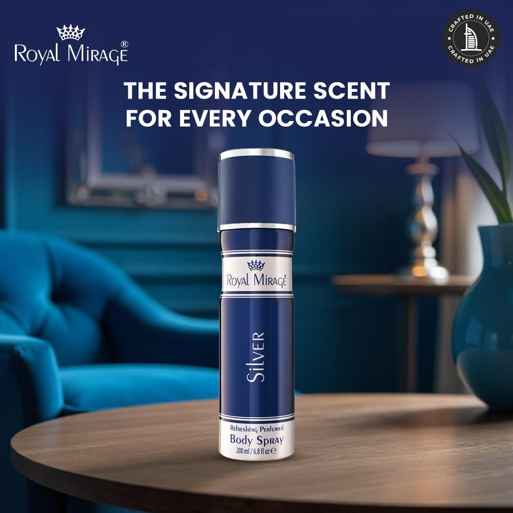 Royal Mirage Silver Body Spray | All-Day Freshness | Unisex Perfume | Timeless Sophistication | Long-Lasting Fragrance | Citrus, Floral & Woody Notes | Affordable Luxury | 200ml