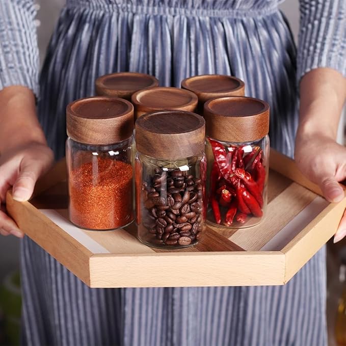 Femora Kitchen Storage Jars Borosilicate Glass With Wooden Lid Air Tight Jar | 350 Ml | Pack of 6 | Transparent