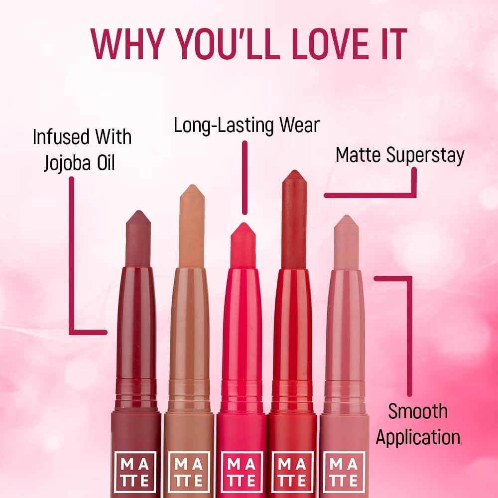 Daily Life Forever52 Stellar Matte Lipstick Crayon| Intense Pigment & Ultra-Matte Finish| Smudge-Proof, Waterproof & Long-Lasting| Enriched with Jojoba Oil for Soft, Hydrated Lips| Built-In Sharpener (Bubblegum Pop-07)