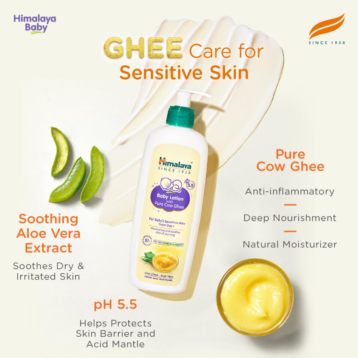 Himalaya Baby Lotion with Pure Cow Ghee 400ml | ph 5.5 | Aloe vera | Safe for newborns | For baby's sensitive skin safe from day 1| No Parabens | No Phthalates | No Mineral Oil | No Synthetic color | Pediatrician evaluated