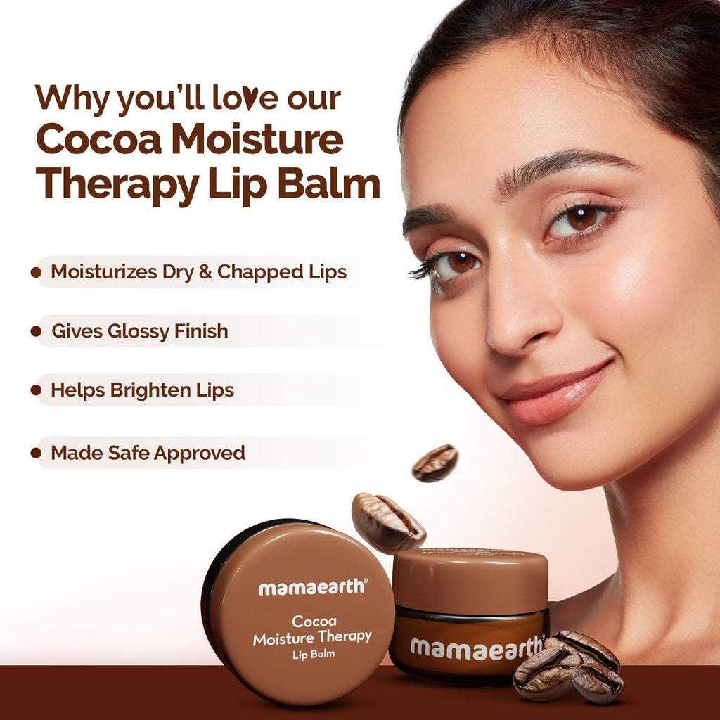 Mamaearth Cocoa Moisture Therapy Lip Balm For Dry & Chapped Lips 15 G|Heals, Brightens|Glossy Finish|Coconut Oil, Cocoa Butter, Vitamin E, Ceramides, Kojic Acid|100% Free Of Petroleum Jelly,White