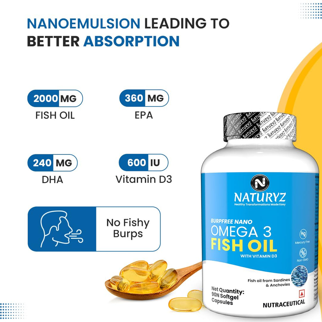 NATURYZ BURPFREE OMEGA 3 Fish Oil 2000 Mg with Vitamin D3 | No Fishy Burps | Extracted from Sardines & Anchovies | EPA & DHA | Nano Emulsion Capsules for faster absorption & superior Bioavailability | Muscle,Skin,Eyes, Heart & Brain Health- 90 Softgels