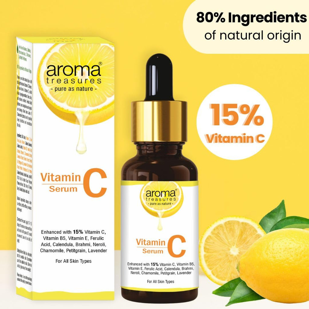 Aroma Treasures Vitamin C Face Serum for Glowing Skin with 15% Vitamin C, Ferulic Acid, Aloe Vera & Essential Oils – Brightens, Hydrates & Reduces Dark Spots – For All Skin Types – 30ml