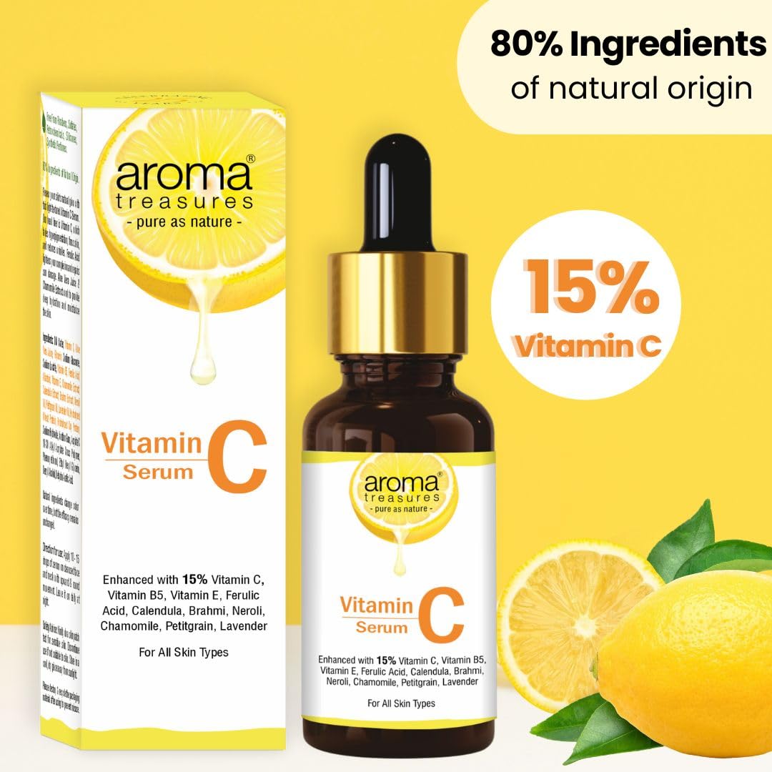 Aroma Treasures Vitamin C Face Serum for Glowing Skin with 15% Vitamin C, Ferulic Acid, Aloe Vera & Essential Oils – Brightens, Hydrates & Reduces Dark Spots – For All Skin Types – 30ml