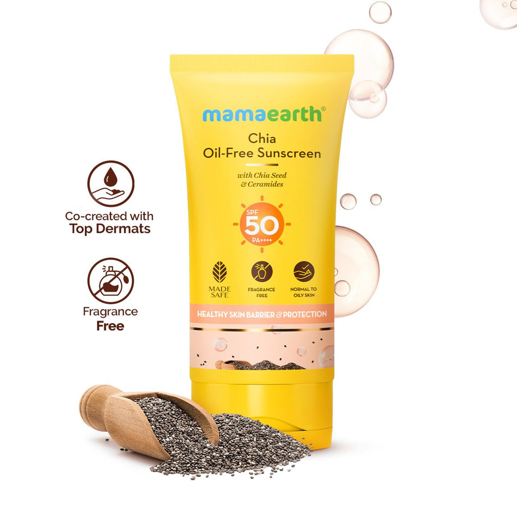 Mamaearth Chia Oil-Free Sunscreen with Chia Seed & Ceramides for Hydrated Glow & Sun Protection - 50g | SPF50 PA++++ | Oil-Free Formula for Normal to Oily Skin | UVA/B Protection | Tan Protection | No White Cast | InVivo Tested | Healthy Skin Barrier