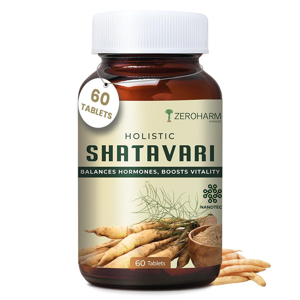 ZEROHARM Holistic Shatavari Supplement - Nano Formulated Shatavari Root Extract Powder for Hormonal Balance & Lactation Support - PCOS PCOD, PMS & Menopause Wellness for Women - 60 Tablets