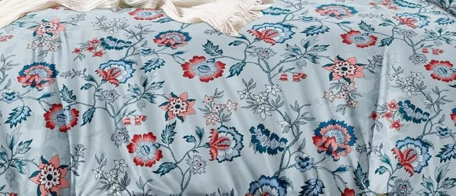 The Home Style Supersoft Cotton Feel Glace Cotton King Size Printed Flat Double Bedsheet wih 2 Pillow Cover 400 TC Bluebell Flower