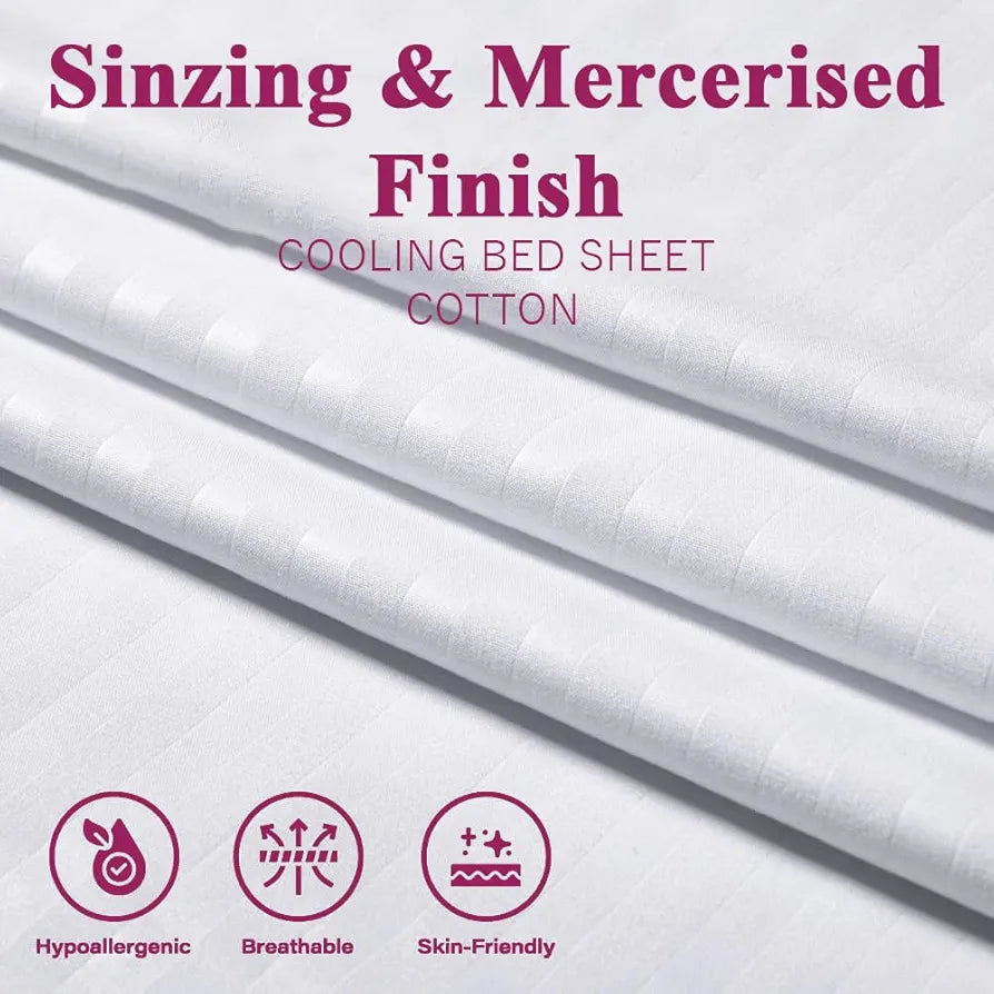 Trance Home Linen 400 TC 100% Cotton Queen Sheet Set 4pcs -1 Fitted Sheet +1 Flat Sheet and 2 Pillow Covers Colour White Stripes