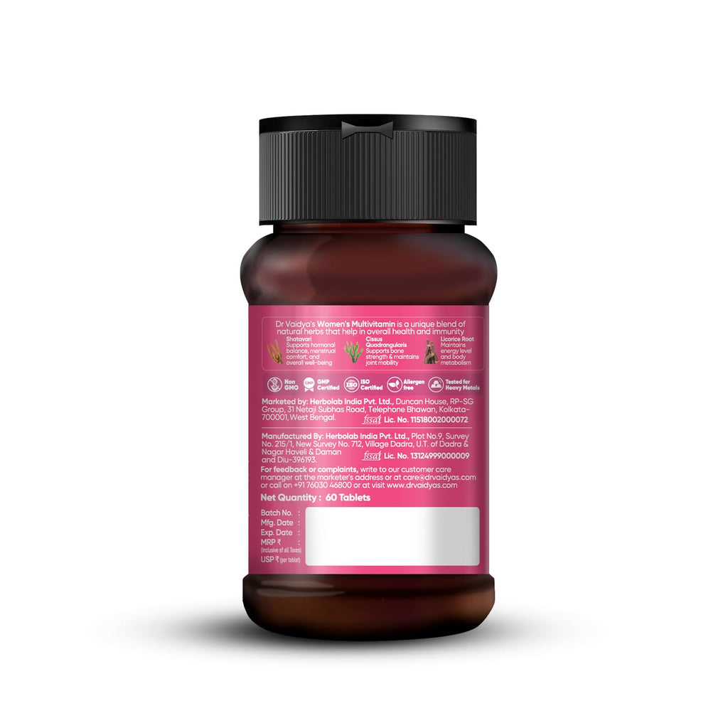 Dr. Vaidyaâ€™s Multivitamin for Women | Natural Multivitamin Enriched with Ayurvedic Herbs like Shatavari | Goodness of Calcium and Vitamin D3 tablets, Magnesium supplement, Vitamin B12 supplements & Herbal Extracts | (60 tablets) Pack of 1