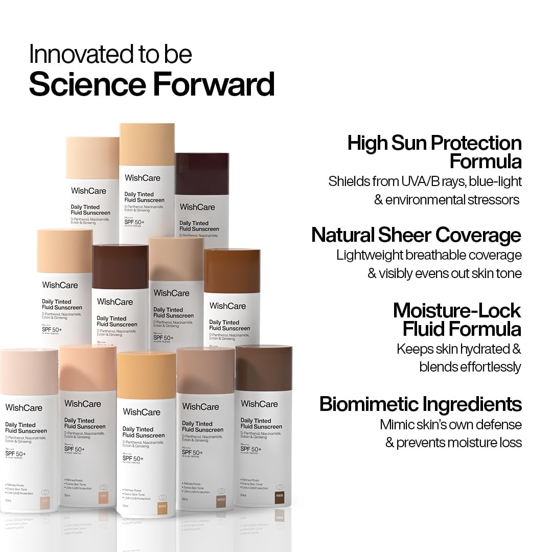 WishCare Daily Fluid Tinted Sunscreen SPF50 PA++++ | M201 | Broad Spectrum Protection for all skin types| In-Vivo Tested Tinted Sun Screen | D-Panthenol, Niacinamide, Ectoin & Ginseng | Evens & Protects | 50ml