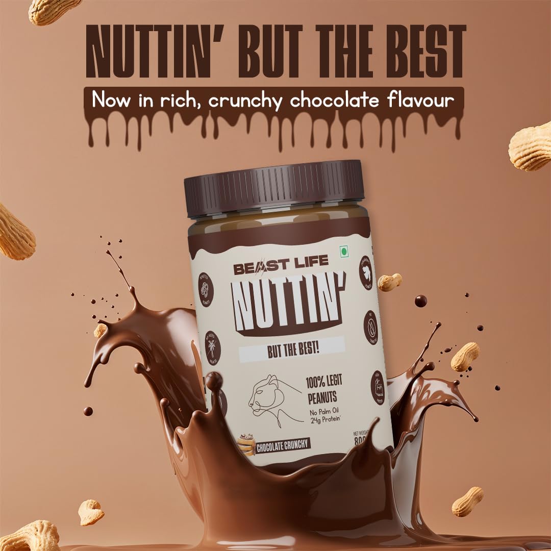 BeastLife Crunchy Chocolate Peanut Butter | 24.5 G Protein | 800 gm | 100% Peanuts, High Protein | Zero Palm Oil | Non‑GMO Nut Butter | Fitness-Friendly Spread | Zero Cholesterol
