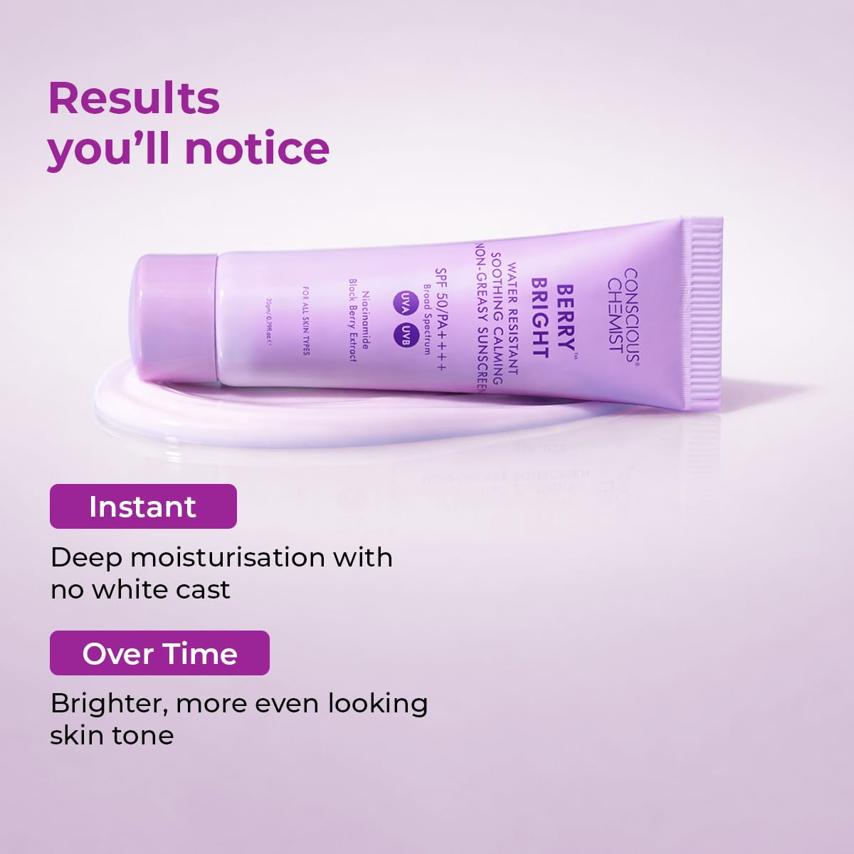Conscious Chemist® Sunscreen SPF 50 PA++++ In-Vivo Tested | 20g | For Oily Skin, Gel Sunscreen, Niacinamide Sunscreen with Black Berry Extract, Hybrid Lightweight, Water Resistant, All Skin Types - Berry Bright