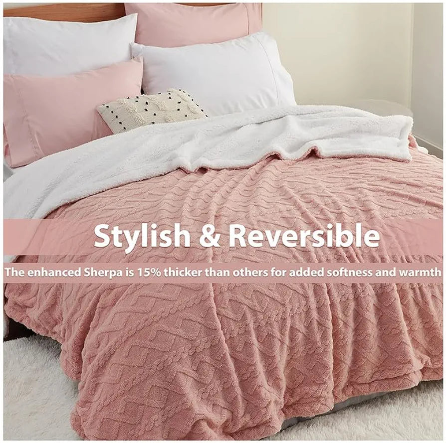 Homekart Flannel with Sherpa Luxurious Super Soft Reversible Double Bed Blanket for Winter 500GSM Blanket Quilt Rajaai Color Pink