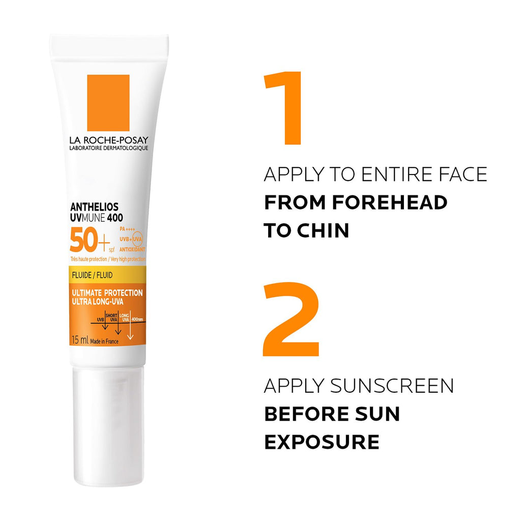 La Roche-Posay Anthelios Sunscreen UVMUNE400 Invisible Fluid SPF50 PA++++ Broad Spectrum UV Protection, Ultra-Lightweight, Non-Perfumed, for Sensitive Skin, 15 ml