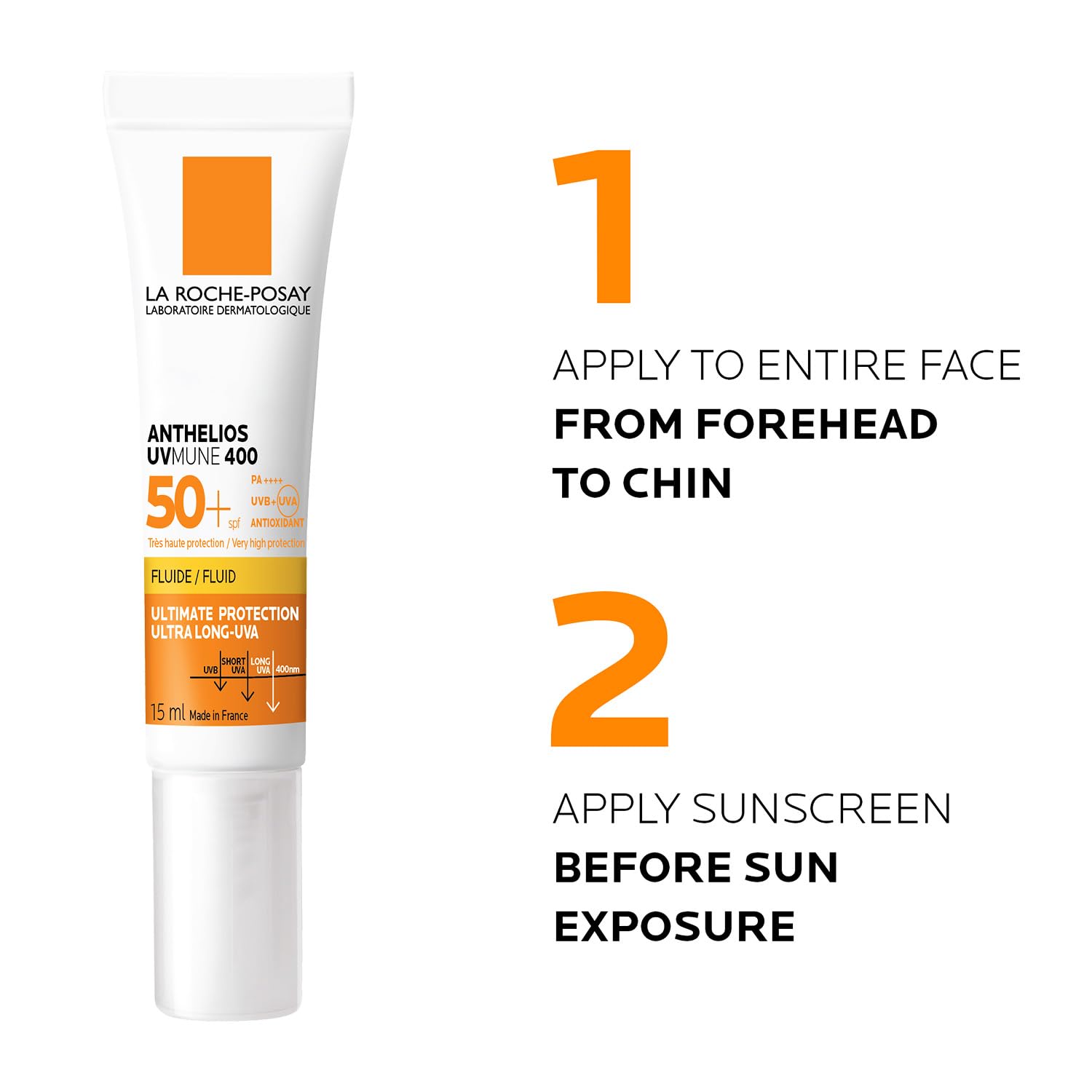 La Roche-Posay Anthelios Sunscreen UVMUNE400 Invisible Fluid SPF50 PA++++ Broad Spectrum UV Protection, Ultra-Lightweight, Non-Perfumed, for Sensitive Skin, 15 ml