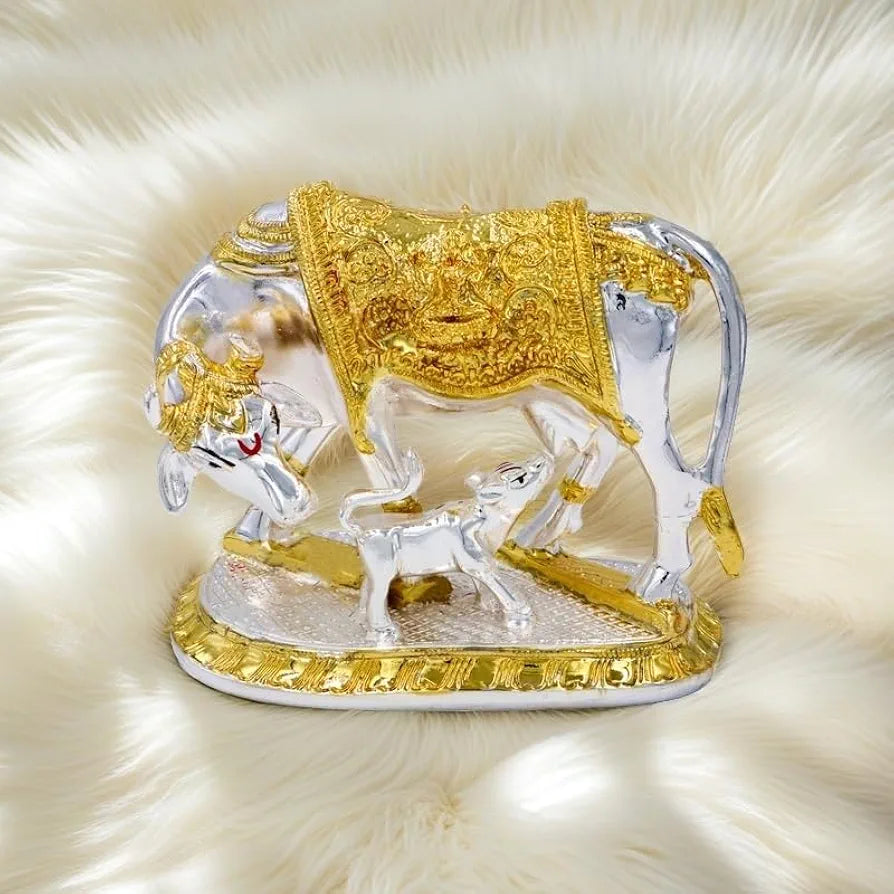 Jaipur Ace Kamdhenu Cow With Calf Statue Standard Size Golden 2 ton Cow And Calf