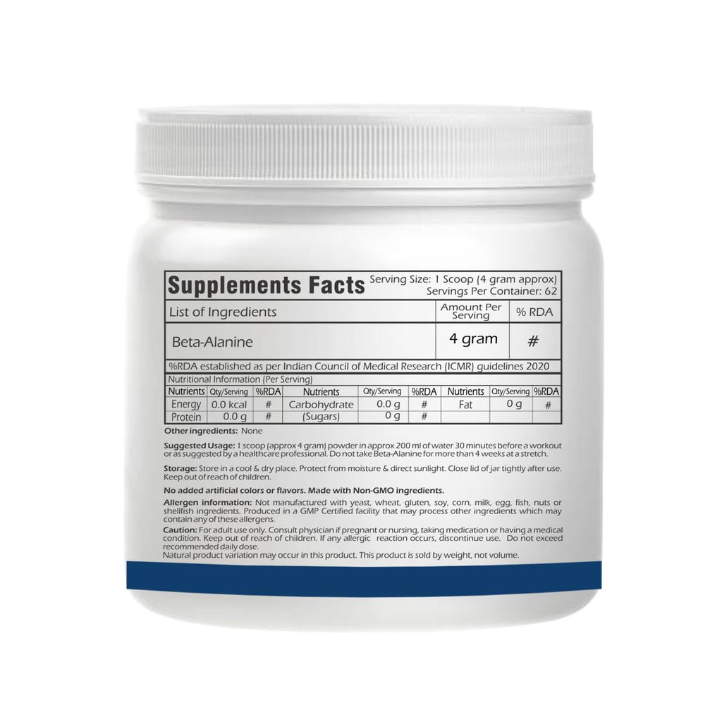 Trexgenics BETA-ALANINE Pure Powder (62 Servings) Lean Muscle Mass, Exercise Volume & Intensity, Endurance (250 gm)