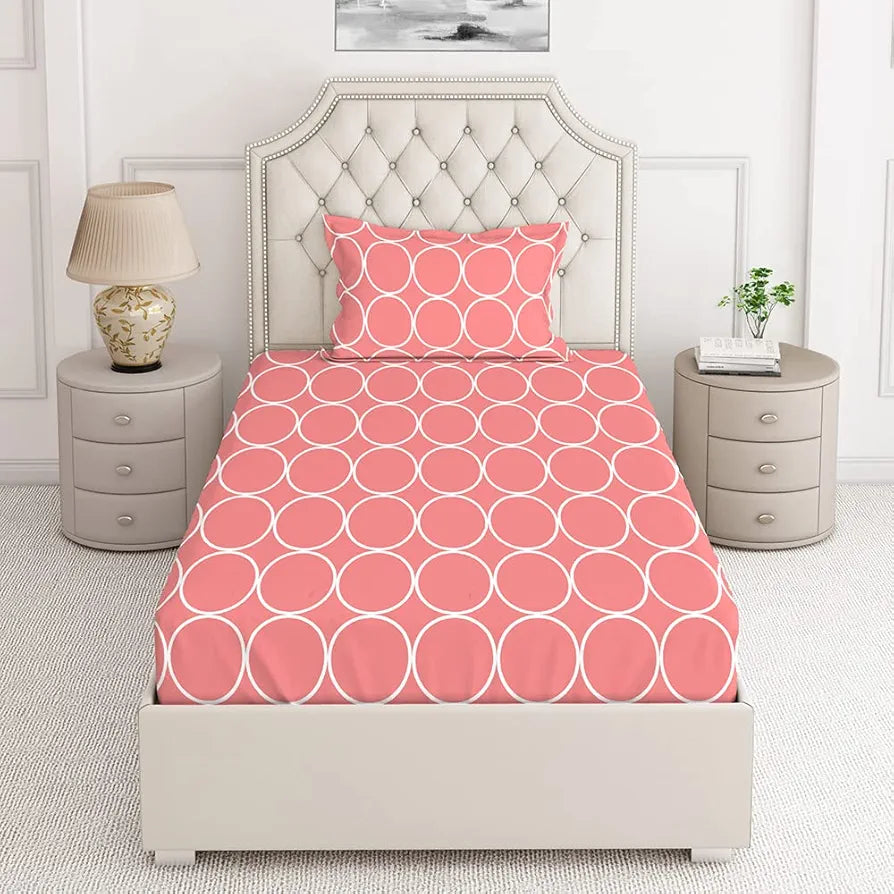 Layers Cotton Bedsheet for Single Bed with 1 Pillow Cover Light Weight Breathable Classic Collection Pink Circle Geometry Pattern