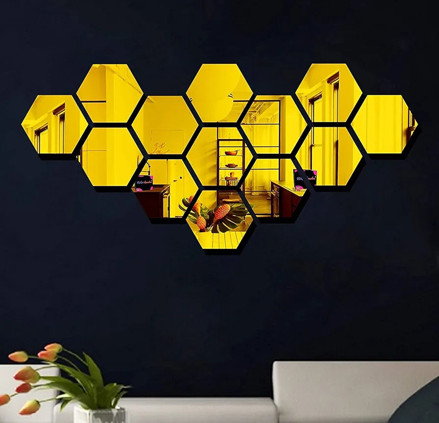 Bikri Kendra Ind Hexagon 13 Golden Mirror Stickers For Wall Acrylic Mirror Wall Decor Sticker Stickers Self-Adhesive 10.4 Cms