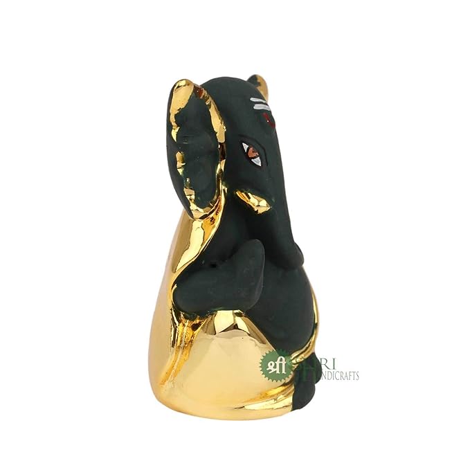 Indicast God Ganpati Gold Plated Ganesha Idol Murti for Car Dashoboard & Home Office Decor
