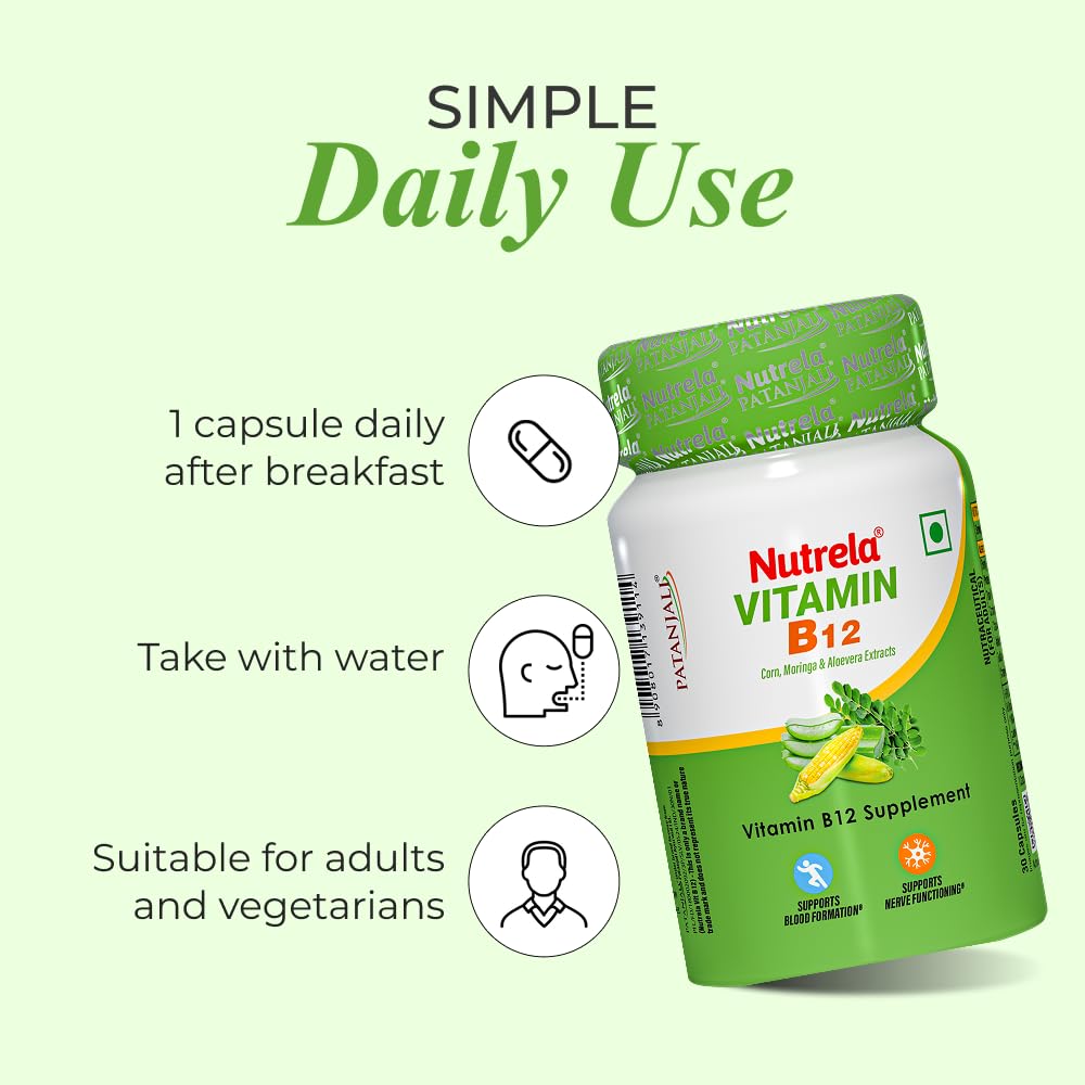 Nutrela Vitamin B12 Biofermented Plant Based Supplement for Men & Women with Moringa and Aloevera Extract - 30 Veg Capsules